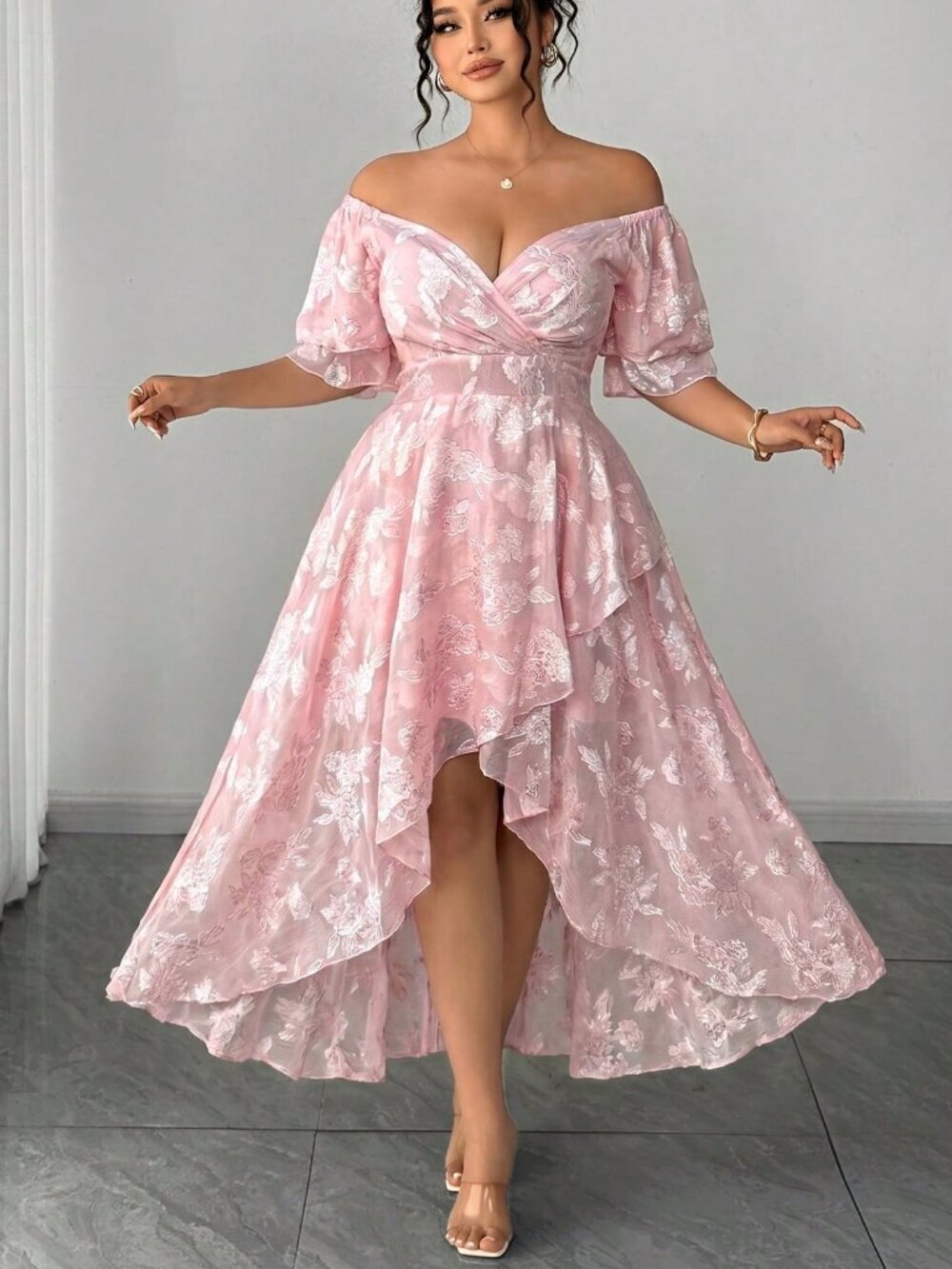 Elegant Pink Women's Plus Size Jacquard hi low Maxi Dress